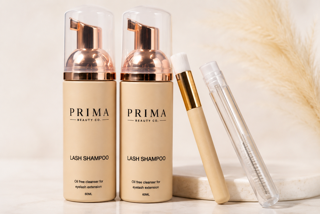 Prima Beauty Co Lash Shampoo Kit – Oil-Free Eyelash Extension Cleanser Foam 60ML with Cleansing Brush & Mascara Wand | Gentle Lash Extension Shampoo for Natural Lashes & Extensions