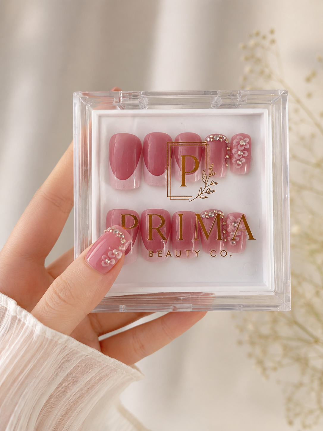 Prima Beauty Co. Rosé Muse Press On Nails – Glossy Pink French Tip with Rhinestones & Floral Accent – Reusable Luxury Glue On Nails